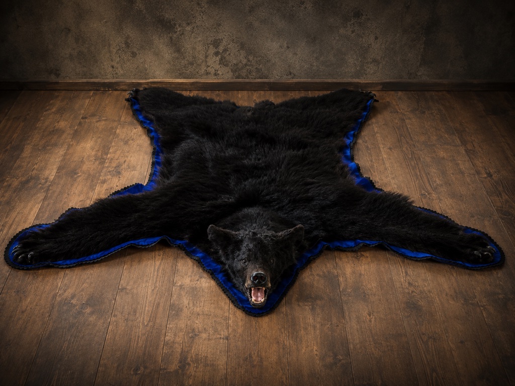 Black bear rug on a wood floor with deep black fur and a blue felt backing