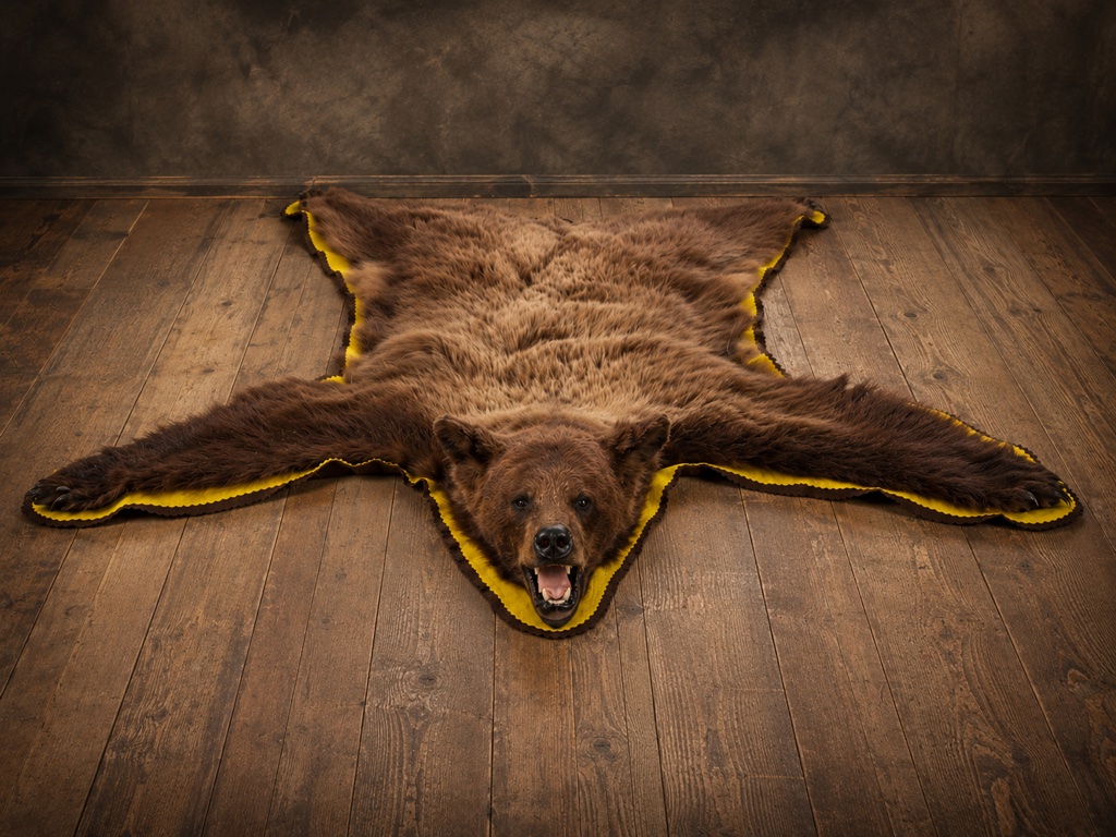 Brown bear rug displayed on a wood floor with warm fur tones and a gold felt backing