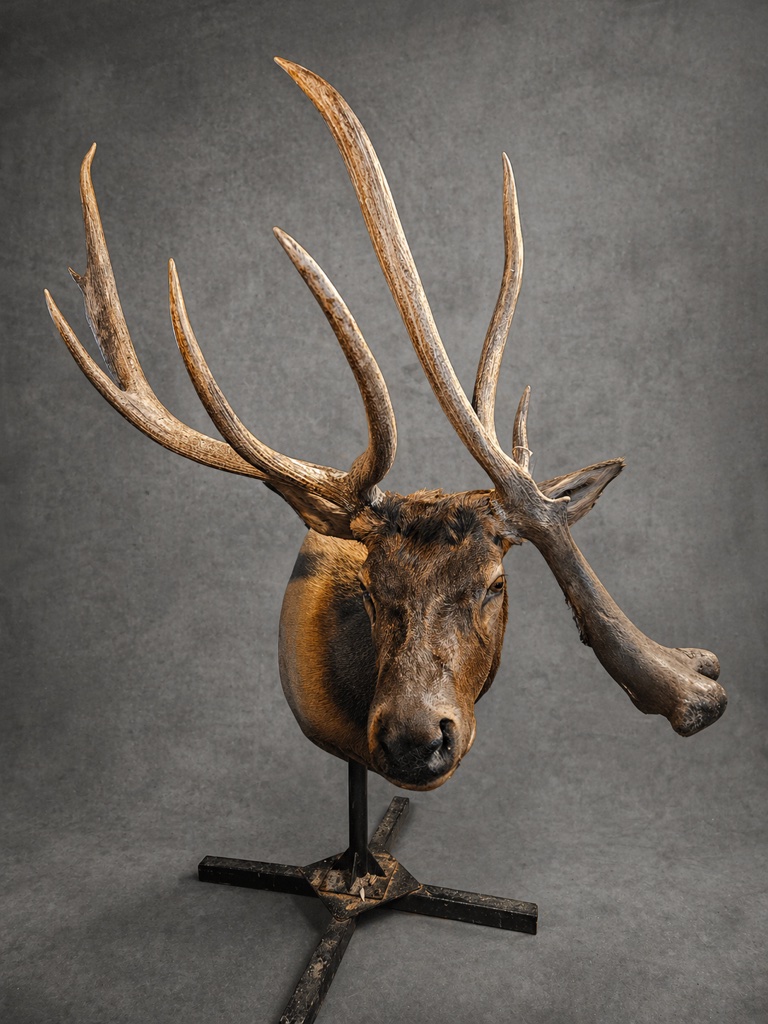 Bull elk shoulder mount by Top View Taxidermy in Kenosha, Wisconsin, with a tall antler sweep and a centered expression
