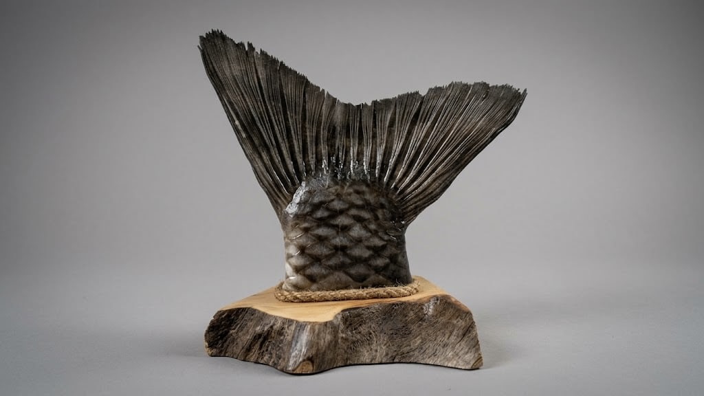 Carp tail mount in a custom display that presents the tail as the focal point