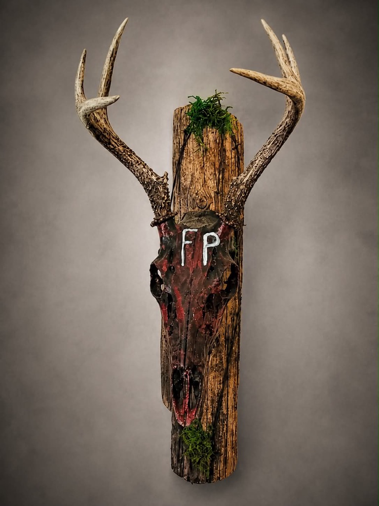 Custom painted whitetail European skull mount with red and black finish, carved initials, and moss detail on a reclaimed barnwood backer