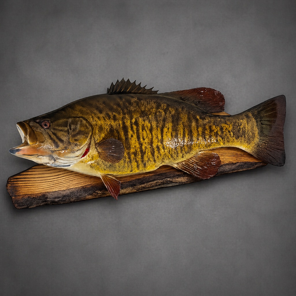 Smallmouth bass reproduction mount with rich bronze markings on a clean wood backer