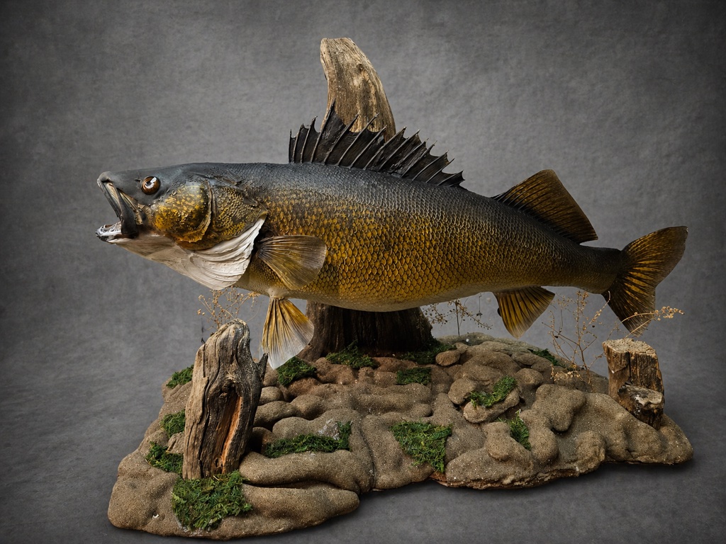 Walleye diorama framed with rock, moss, and driftwood detail