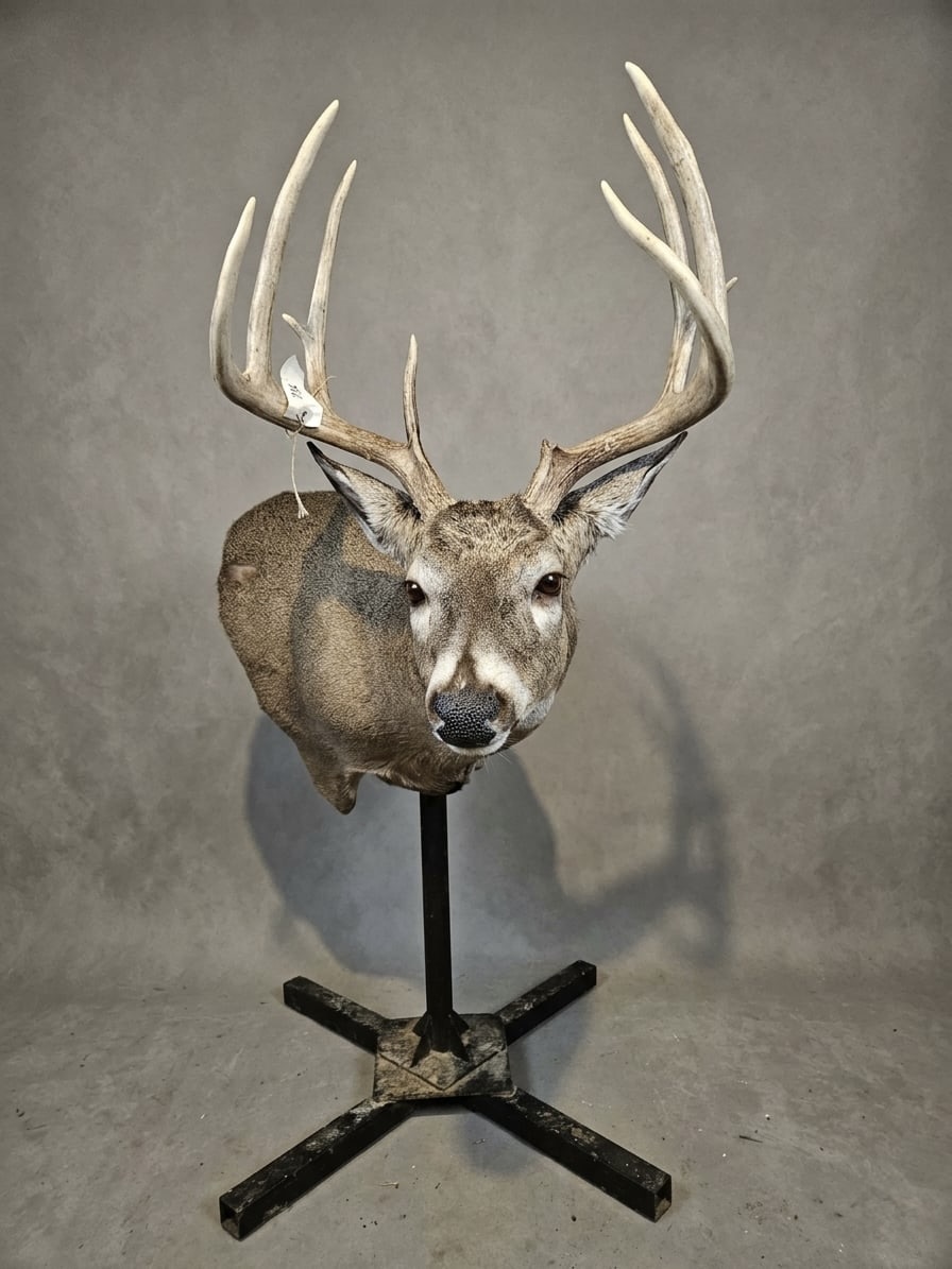 Whitetail buck pedestal mount with the antlers given room above a compact base